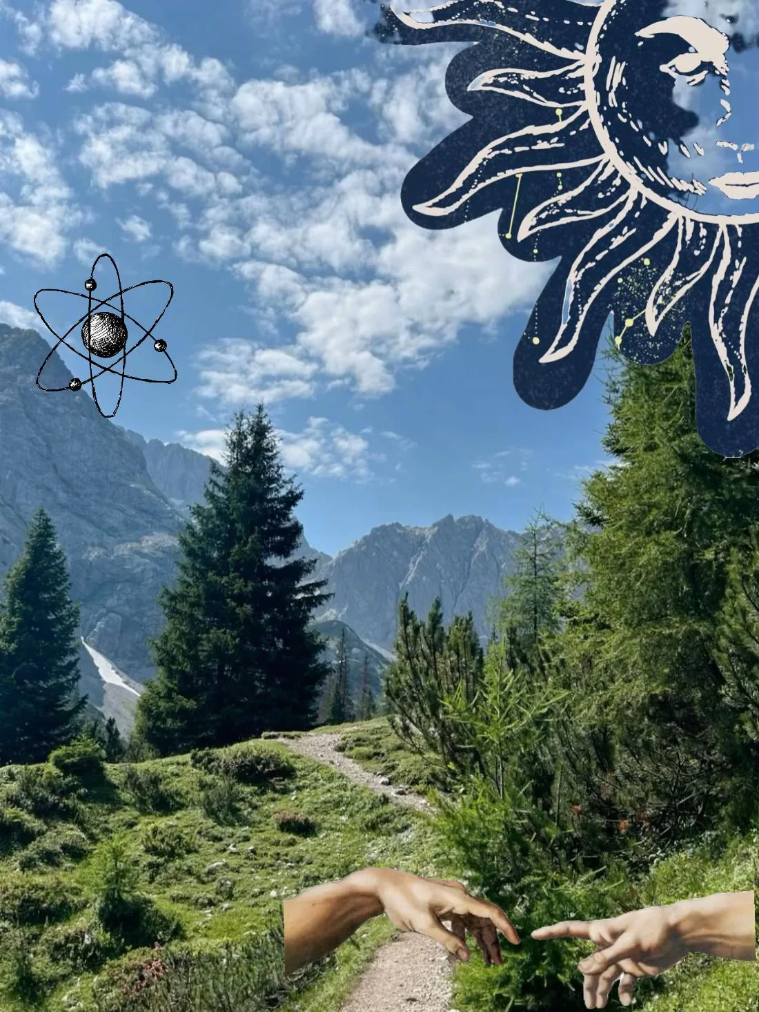 Collage aus alpiner Landschaft, einem Atommodell, einer gezeichneten Sonne und zwei Händen, die sich berühren